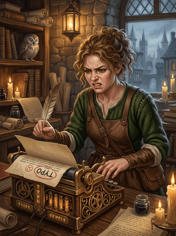 Woman in medieval style clothes frustrated using a magical typewriter with glowing runes