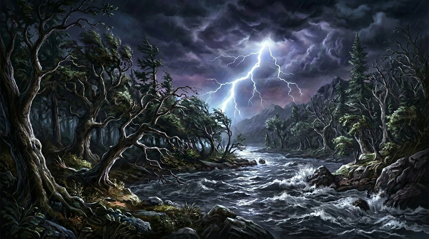 Lightning striking over a rushing mountain river with dark stormy clouds and twisted trees